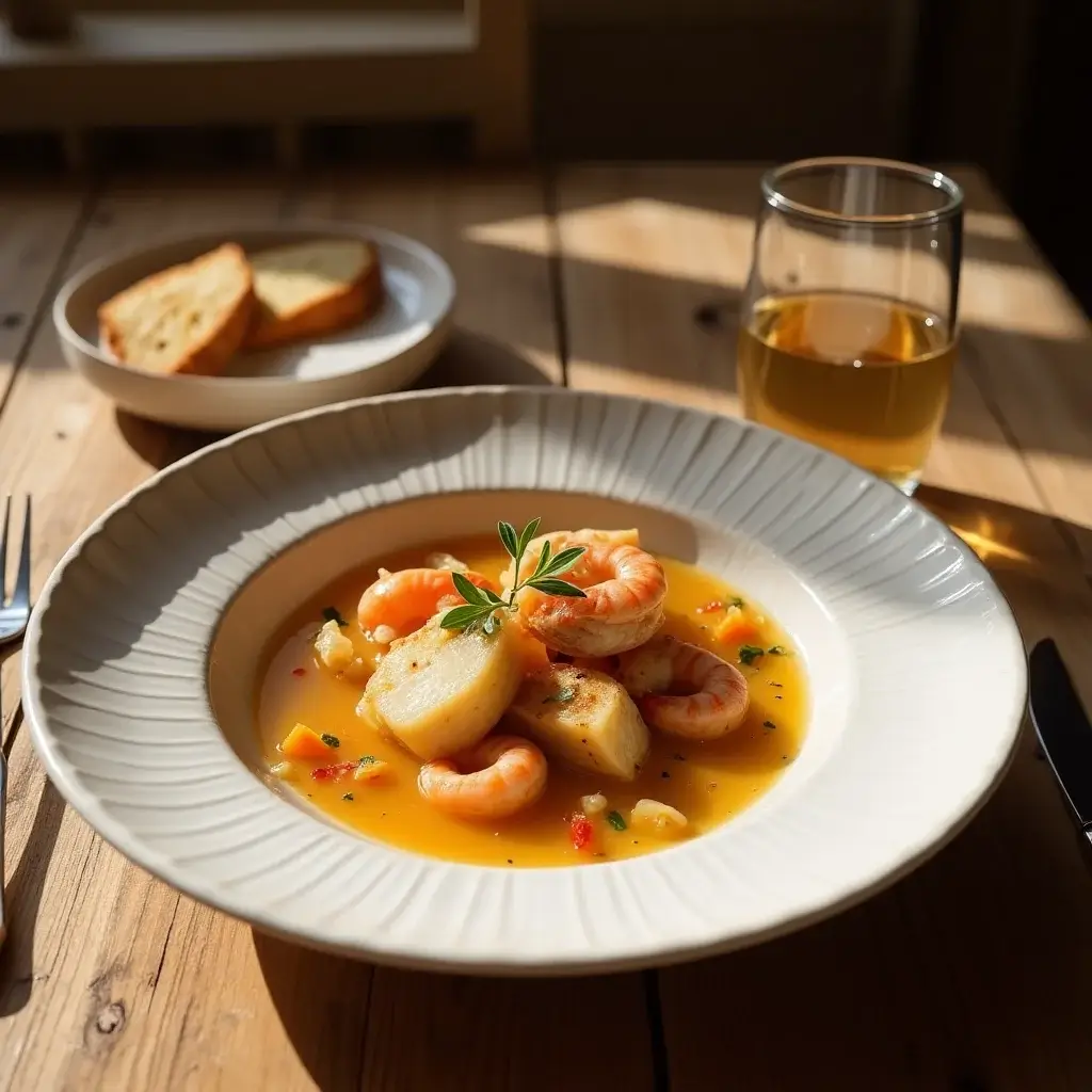 bouillabaisse served in a deep white plate with fish, prawns, and scallops in a golden broth, with rouille-topped croutons on the side.