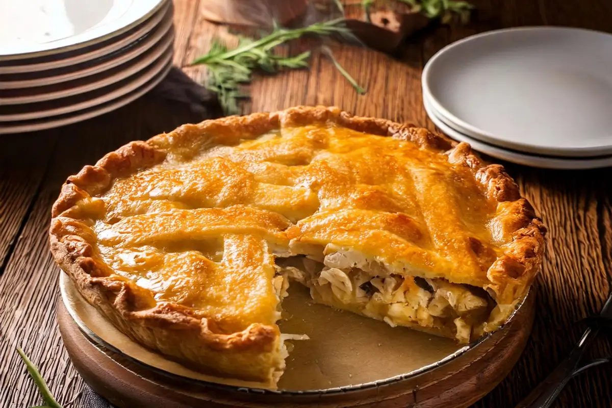 A golden chicken pie dish with a perfectly baked and decorated crust.