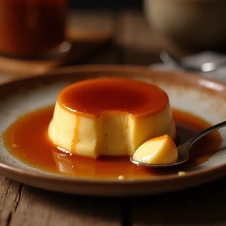 Salted caramel flan served on a ceramic plate with a spoonful showing its creamy texture.