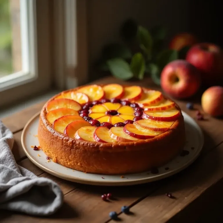Moist homemade fruity cake topped with fresh seasonal fruit slices on a rustic wooden table.