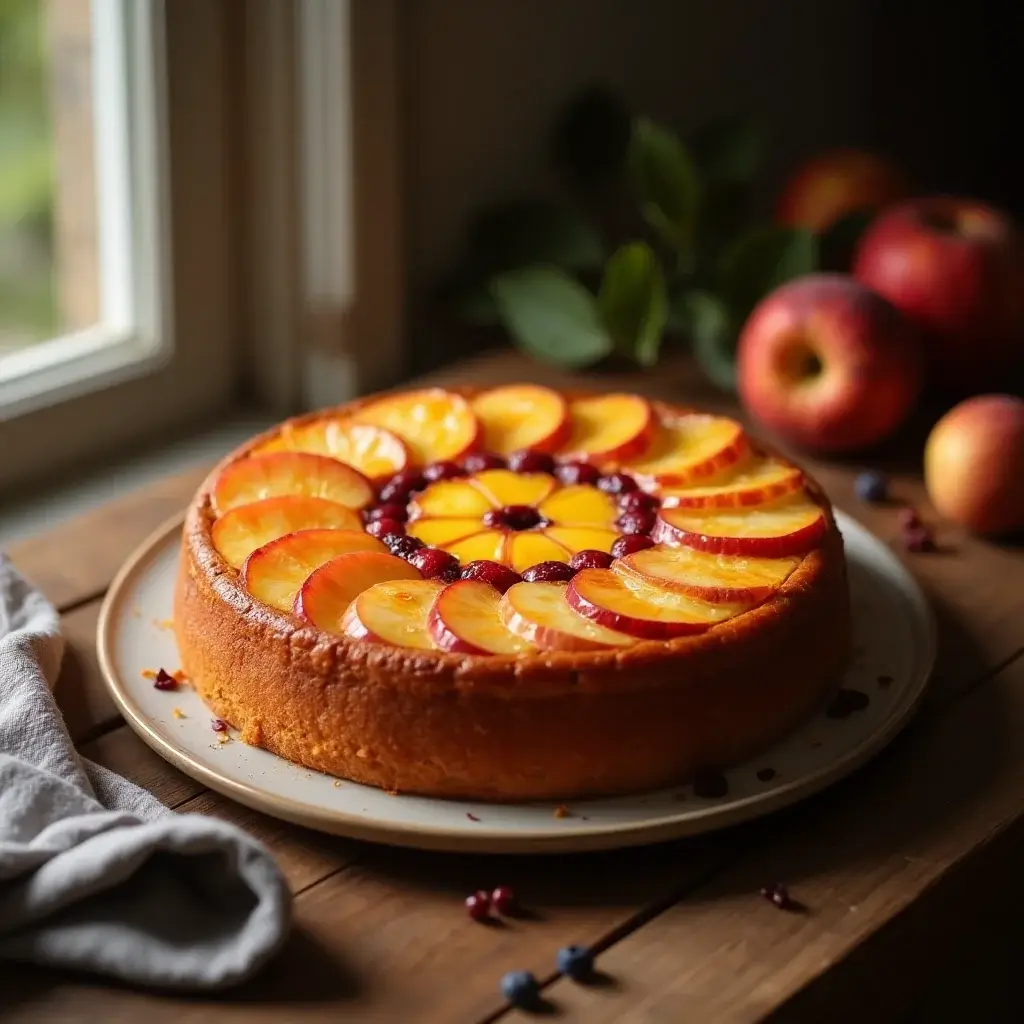 Moist homemade fruity cake topped with fresh seasonal fruit slices on a rustic wooden table.