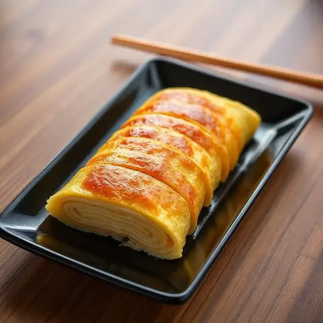 Sliced Japanese rolled omelette (Tamagoyaki) arranged on a wooden board with chopsticks beside it.
