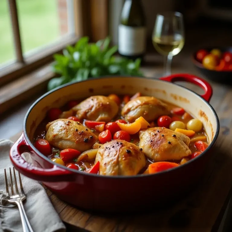 Rustic Basque chicken simmering in tomato and pepper sauce in a cast-iron pot.