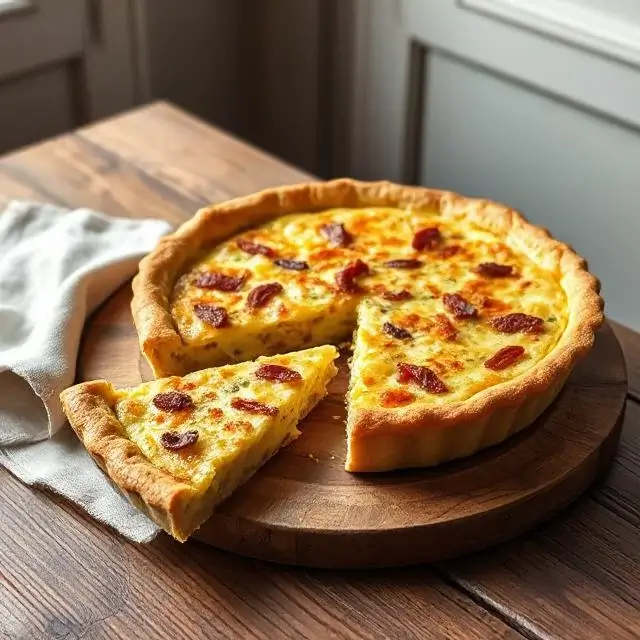 A golden-brown slice of Quiche Lorraine on a rustic ceramic plate, filled with bacon and cheese, with a flaky crust and a warm, inviting look.