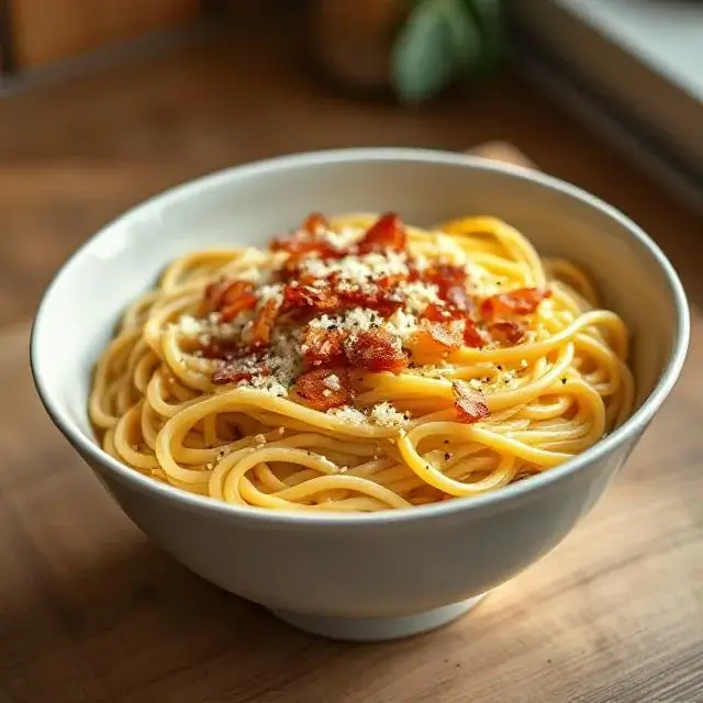 Bowl of creamy ramen carbonara topped with crispy bacon, grated parmesan cheese, and freshly cracked black pepper.