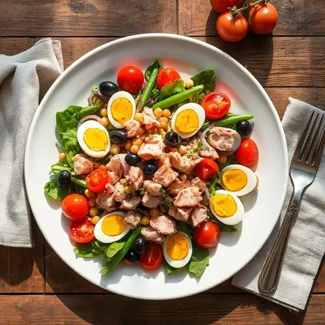 protein-packed Niçoise salad with tuna, hard-boiled eggs, cherry tomatoes, green beans, chickpeas, black olives, and fresh greens.