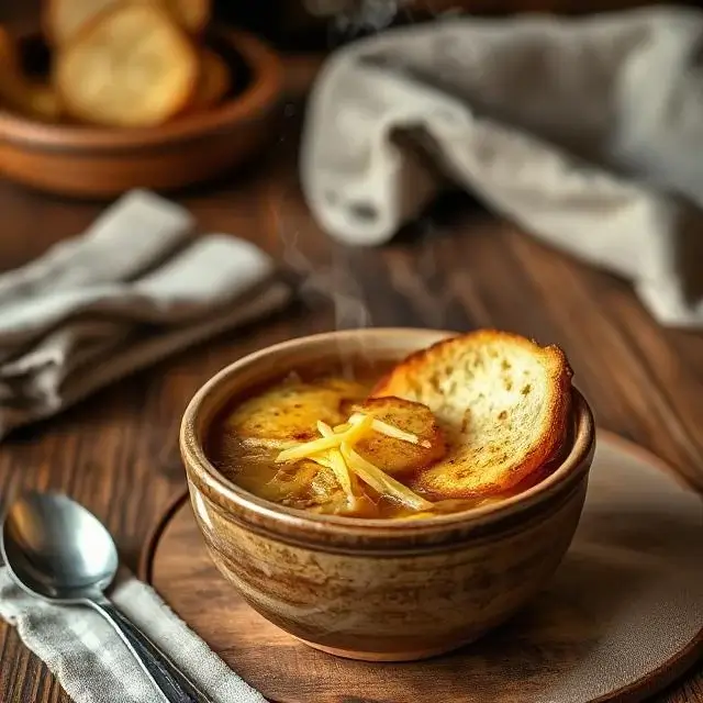 Bowl of French onion soup gratinée with toasted bread and golden melted cheese, served on a rustic table.