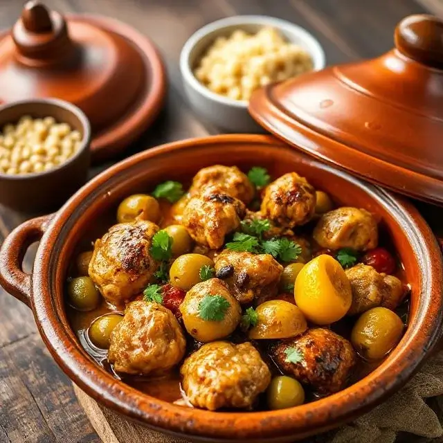 Traditional Moroccan chicken tagine served with preserved lemons and green olives in a clay pot on a rustic table with fresh herbs.