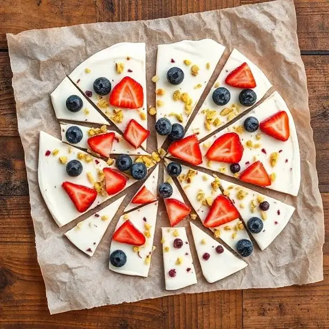 Frozen yogurt bark topped with sliced strawberries, blueberries, kiwi, and crushed pistachios on parchment paper.