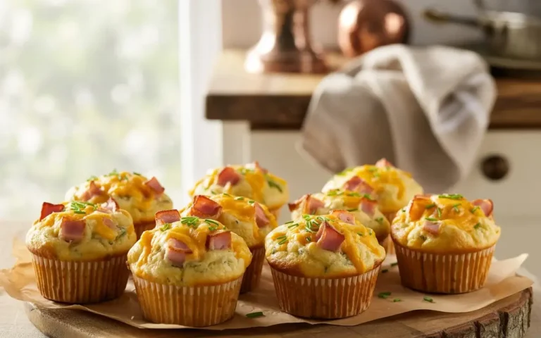 Golden savory muffins with ham, cheese, and herbs, fresh out of the oven, displayed on a wooden board.