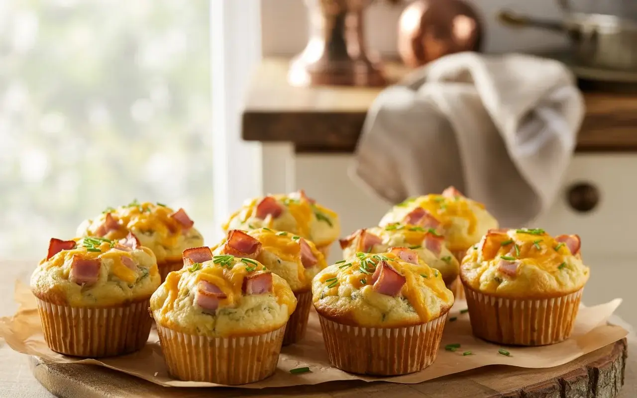 Golden savory muffins with ham, cheese, and herbs, fresh out of the oven, displayed on a wooden board.
