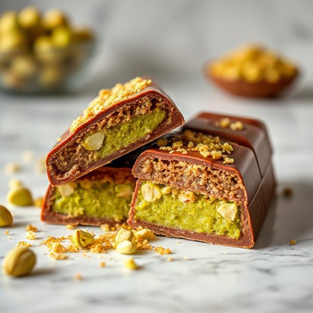 Dubai chocolate bar cut in half showing golden pistachio kunafa