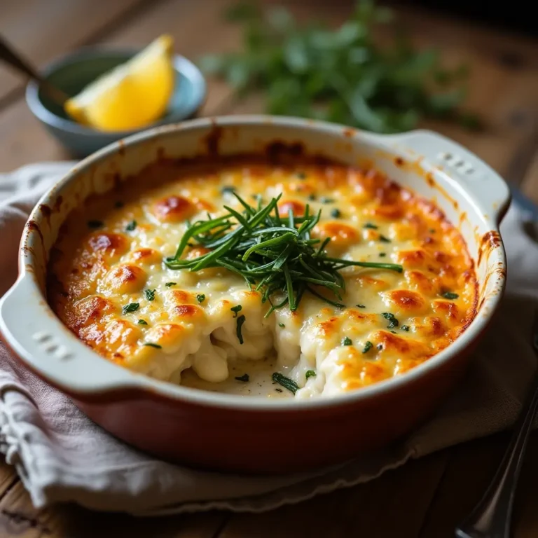 Baked fish gratin with seaweed, golden and crispy on top, served in a rustic ceramic dish.
