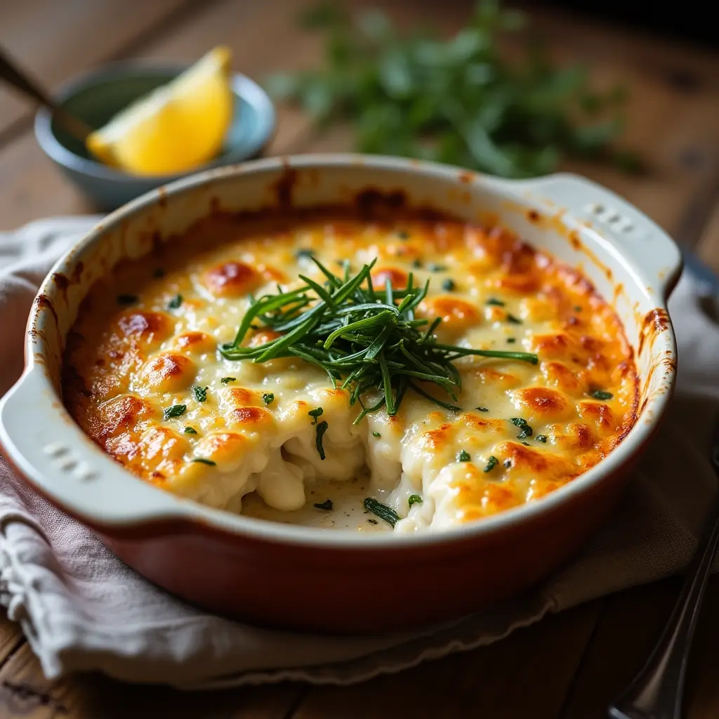 Baked fish gratin with seaweed, golden and crispy on top, served in a rustic ceramic dish.