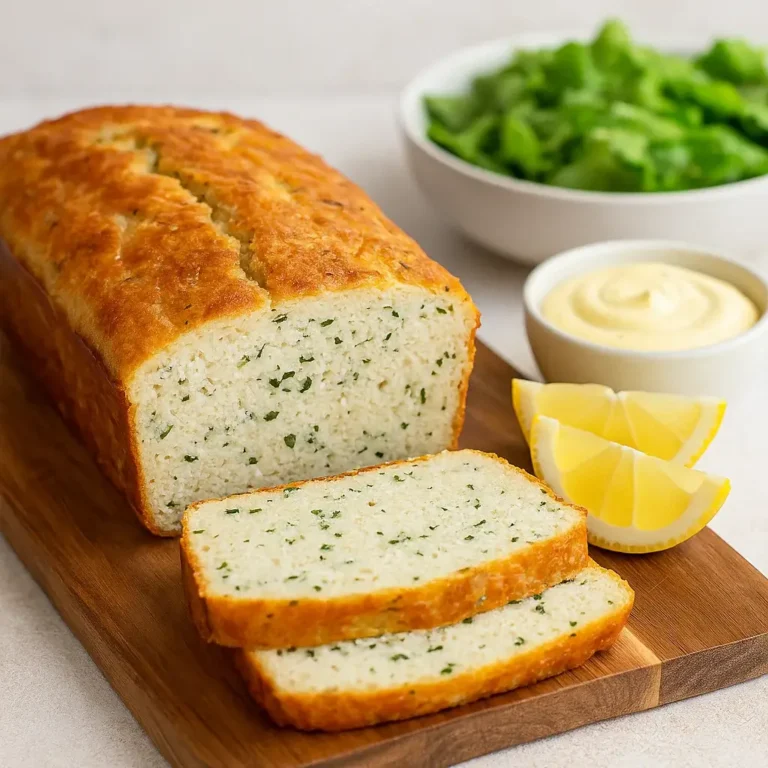 Golden brown fish loaf sliced and served with mayonnaise and green salad.