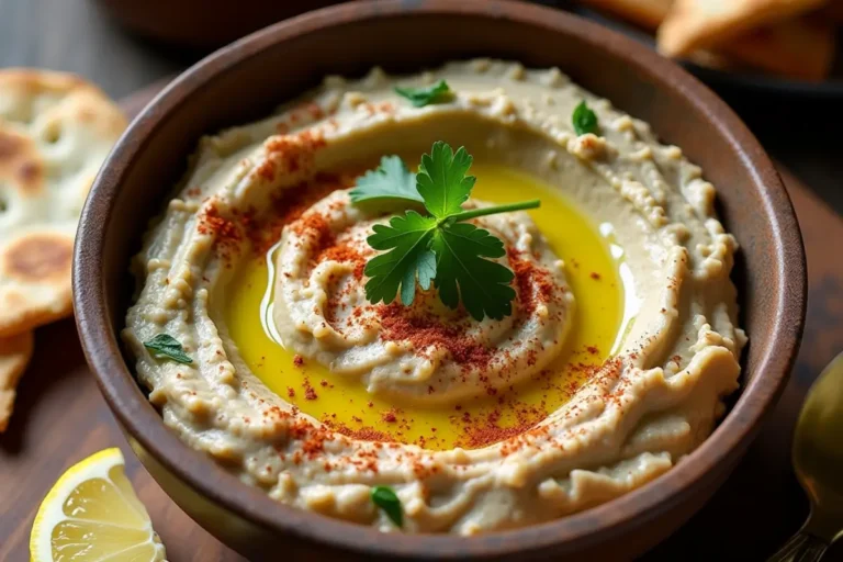 Creamy Lebanese Baba Ghanoush served in a ceramic bowl, topped with olive oil, parsley, and paprika, with pita bread on the side.