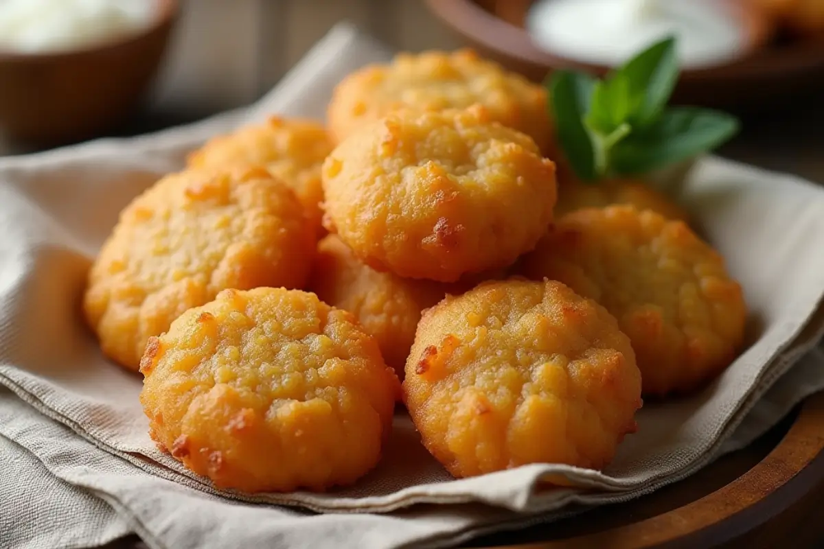 Freshly fried Boortsog, traditional Mongolian cookies, golden and crispy, arranged on a rustic wooden plate.