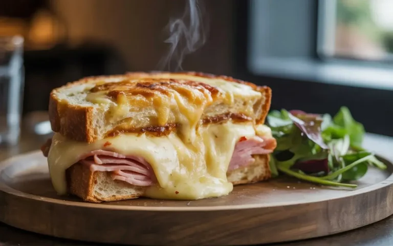 Golden and crispy oven-baked grilled ham and cheese, sliced to reveal melted cheese and creamy béchamel, served with a small green salad.