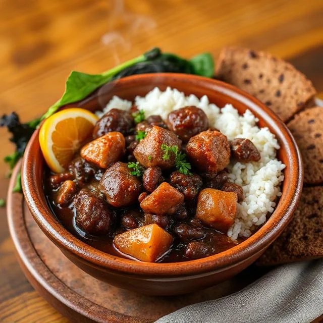 bowl of Brazilian Feijoada featuring black beans, smoked pork, sausage, and beef, served with white rice, orange slices, collard greens, and farofa on a rustic wooden table.