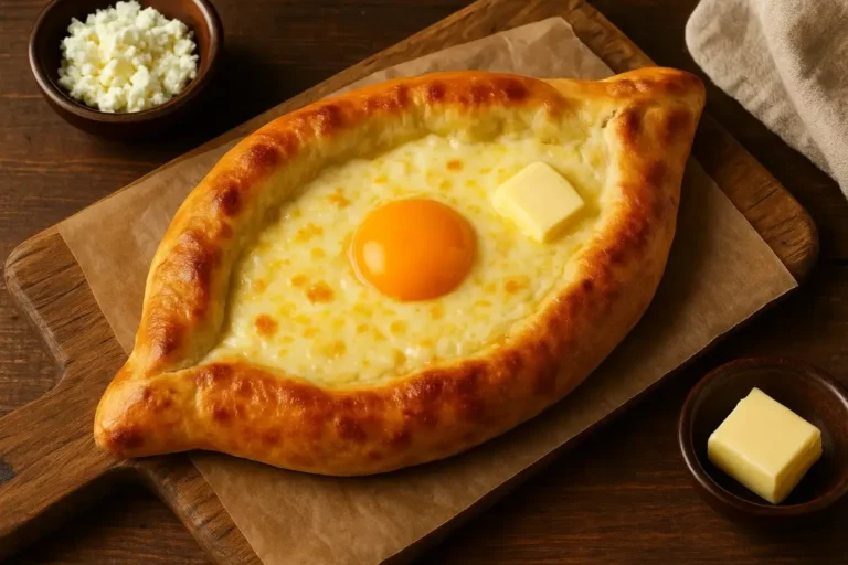 Georgian Khachapuri Adjaruli with melted cheese and egg