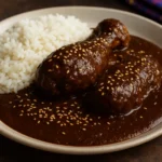 Chicken Mole Poblano covered in rich Mexican chocolate and chili sauce, topped with toasted sesame seeds.