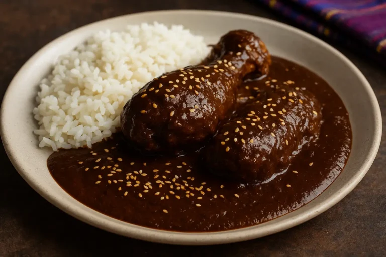 Chicken Mole Poblano covered in rich Mexican chocolate and chili sauce, topped with toasted sesame seeds.
