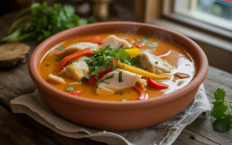 Authentic Brazilian moqueca in a traditional clay pot, with vibrant orange seafood stew, fish, peppers, onions, and fresh cilantro.