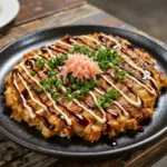 Japanese okonomiyaki pancake on a rustic plate with garnish.