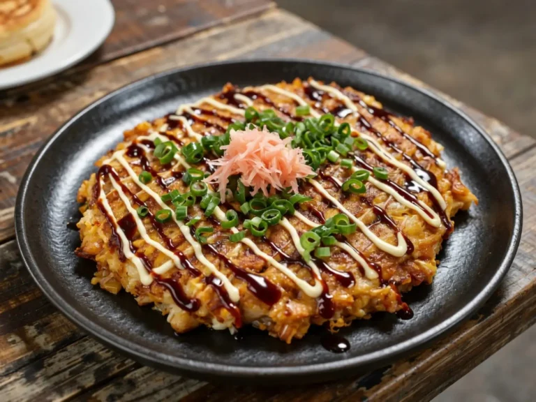 Japanese okonomiyaki pancake on a rustic plate with garnish.